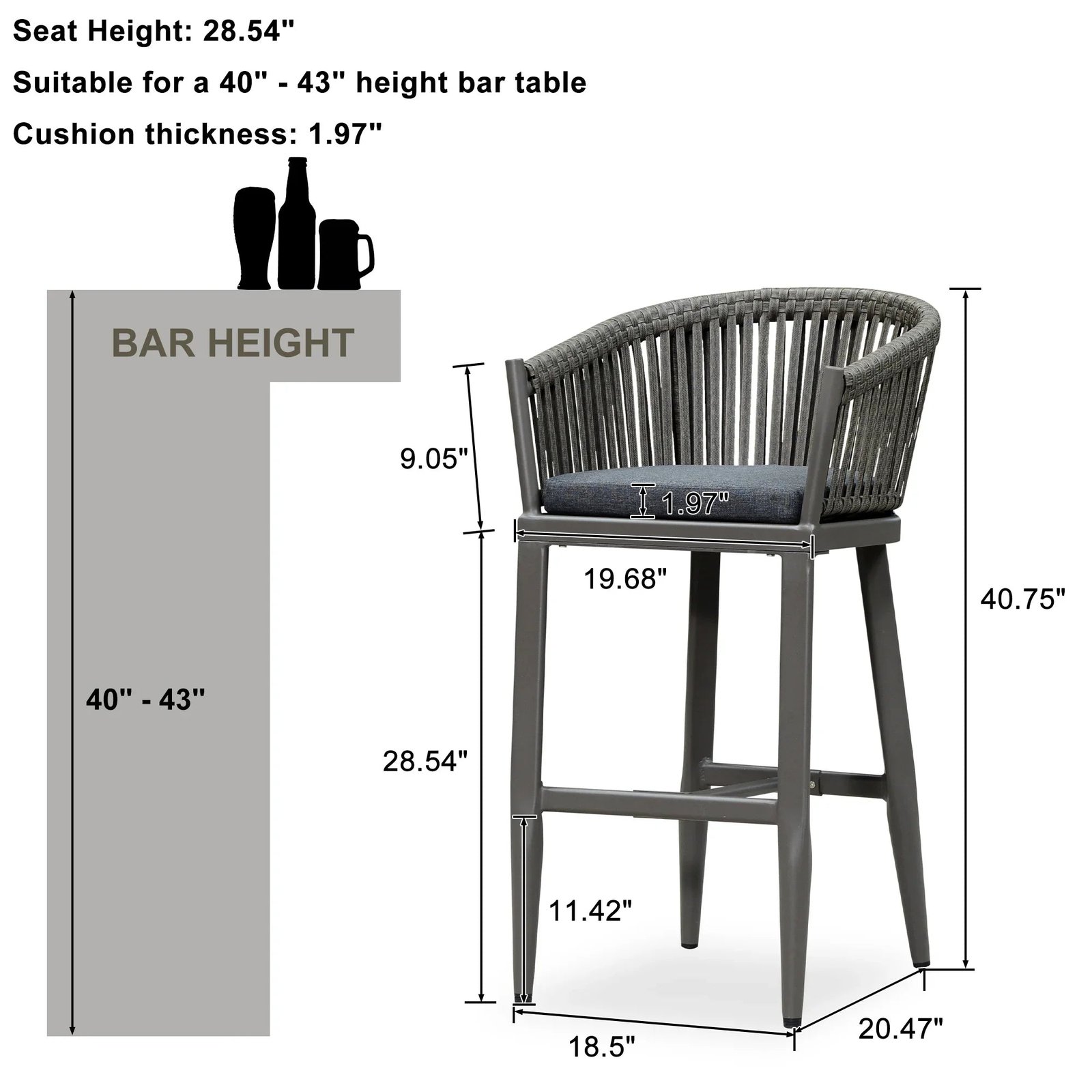 Counter Stools Bar Stools Rattan Bar Stools Wicker Bar Chairs Woven Aluminum Barstools with Back and Cushions - Image 71