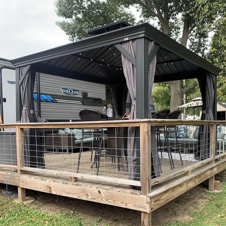 Gazebo for Backyard Grey Hardtop Galvanized Steel Roof Awning String Lights-milky - Image 49