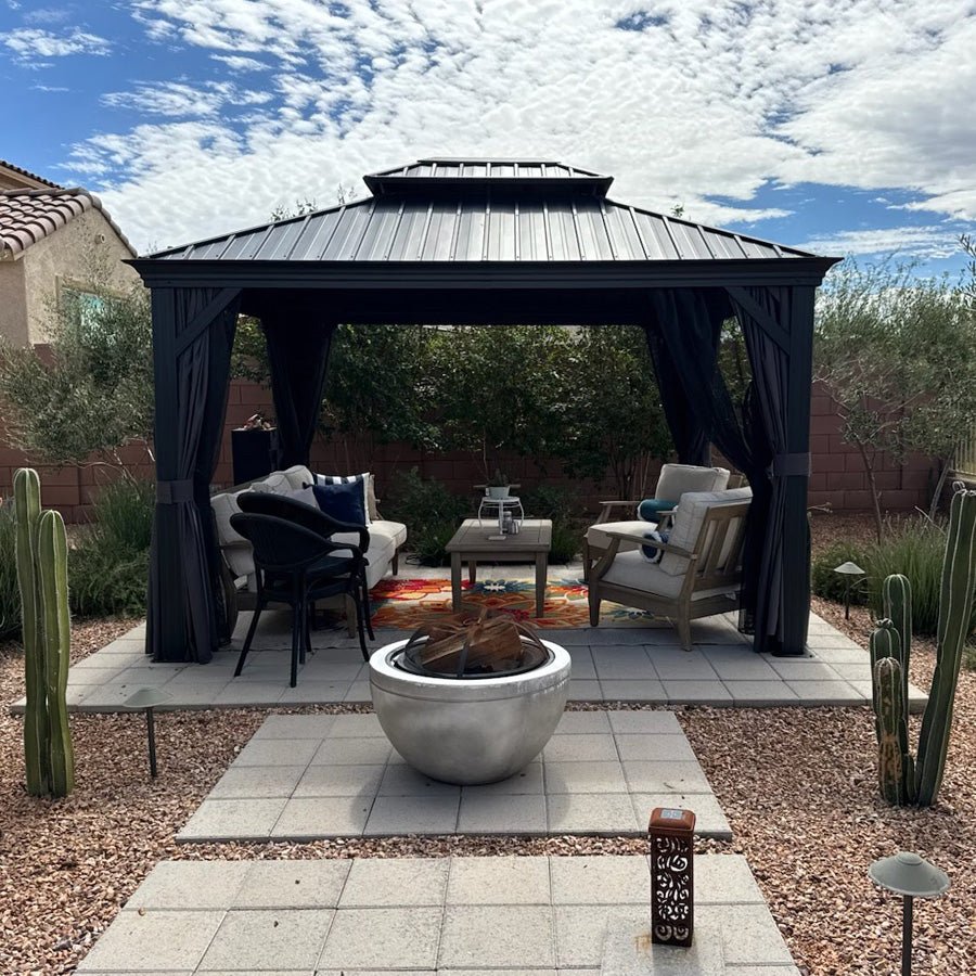 Gazebo for Backyard Grey Hardtop Galvanized Steel Roof Awning String Lights-milky - Image 76