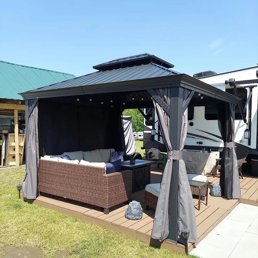 Gazebo for Backyard Grey Hardtop Galvanized Steel Roof Awning String Lights-milky - Image 68