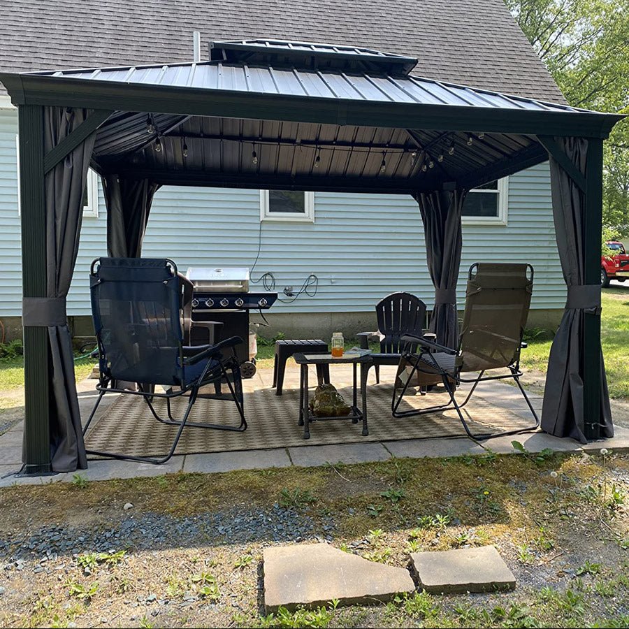 Patio Gazebo for Backyard Grey Hardtop Galvanized Steel Roof Awning with Upgrade Curtain - Image 129