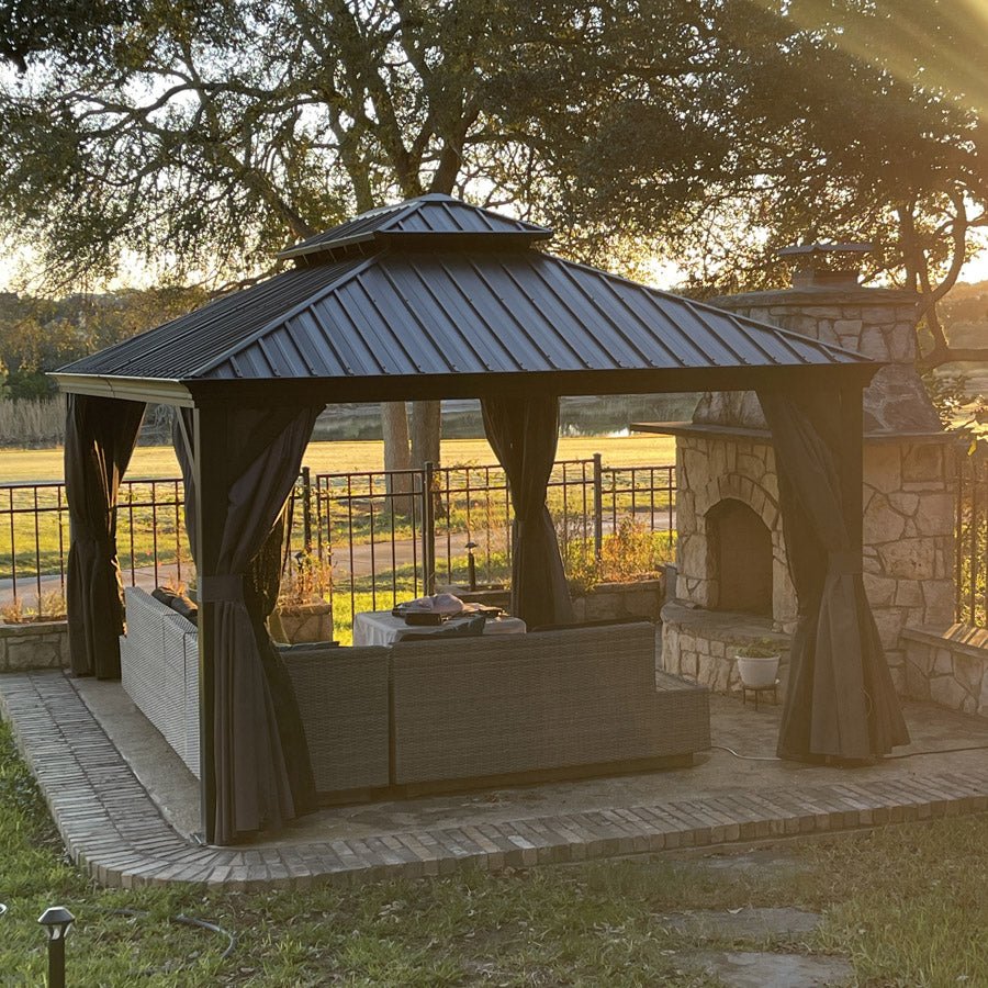 Patio Gazebo for Backyard Grey Hardtop Galvanized Steel Roof Awning with Upgrade Curtain - Image 132