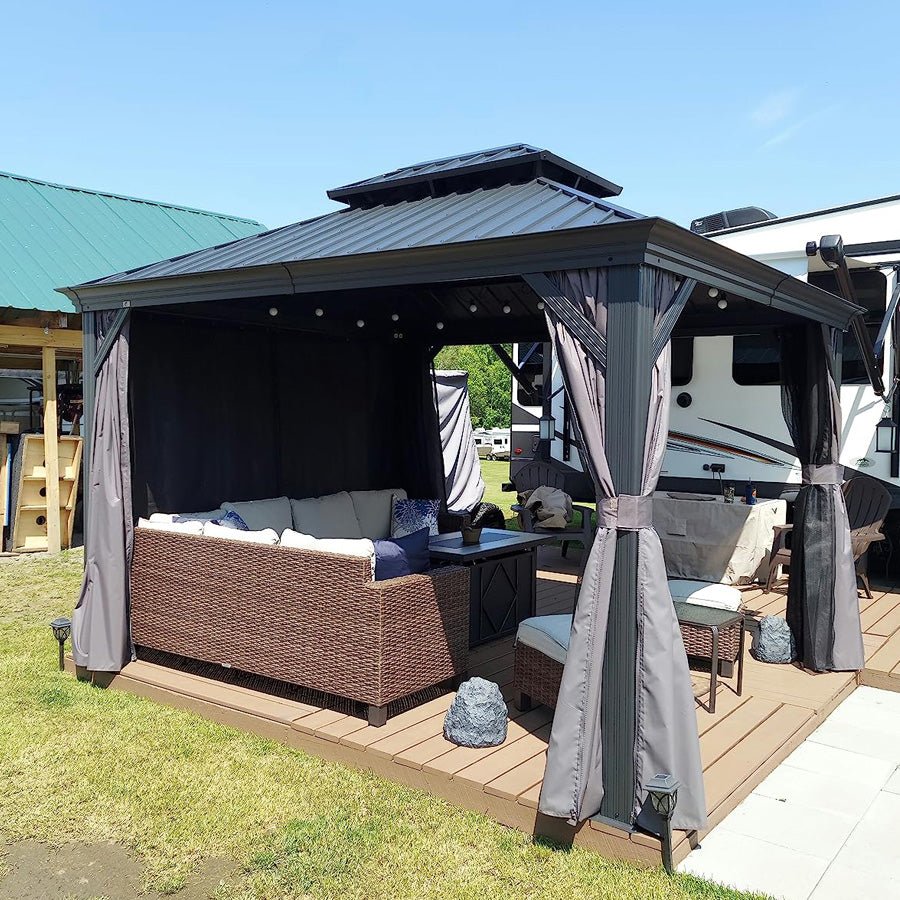 Gazebo for Backyard Grey Hardtop Galvanized Steel Roof Awning String Lights-milky - Image 75