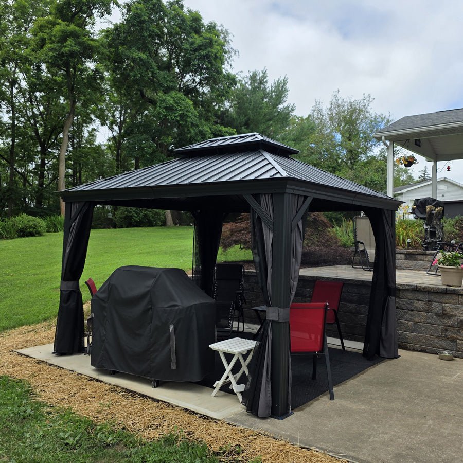 Patio Gazebo for Backyard Grey Hardtop Galvanized Steel Roof Awning with Upgrade Curtain - Image 130