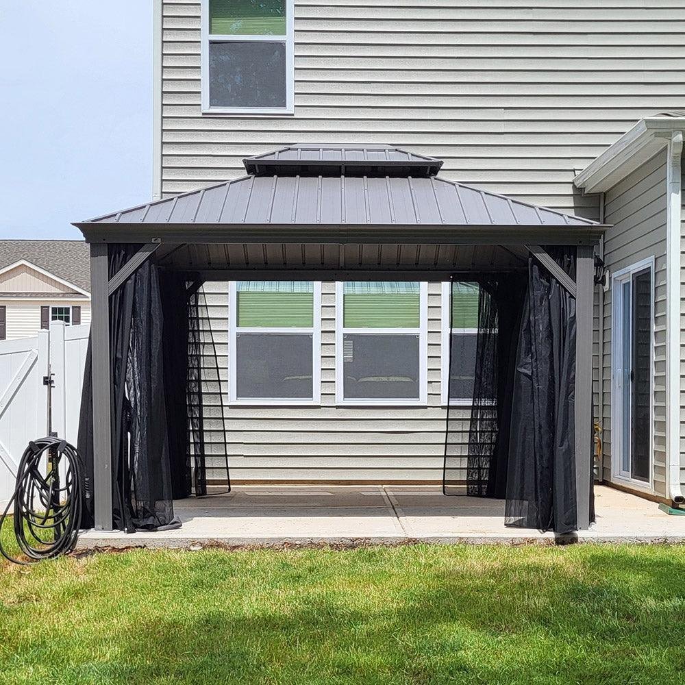 Patio Gazebo for Pool Light Grey Hardtop Galvanized Steel Roof with Upgraded Curtains - Image 54