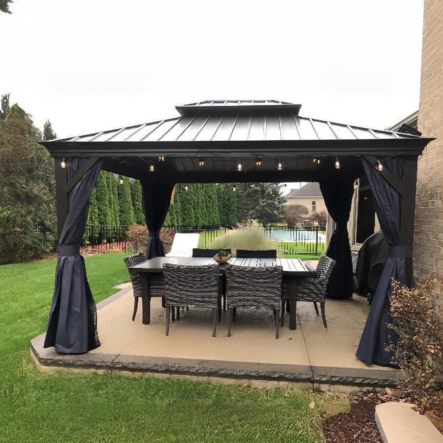 Outdoor Hardtop Gazebo for Patio Bronze Aluminum Frame Pavilion with Navy-Blue Curtain and String Lights-milky - Image 71