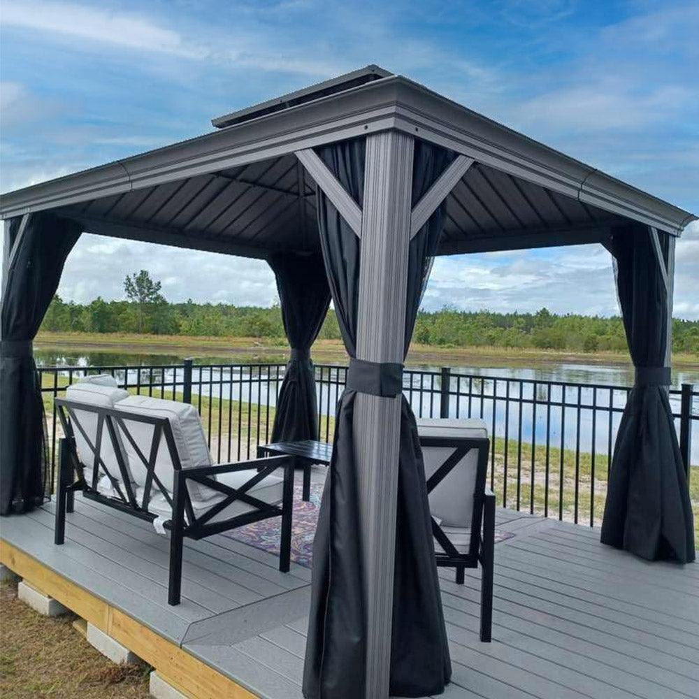 Patio Gazebo for Pool Light Grey Hardtop Galvanized Steel Roof with Upgraded Curtains - Image 41