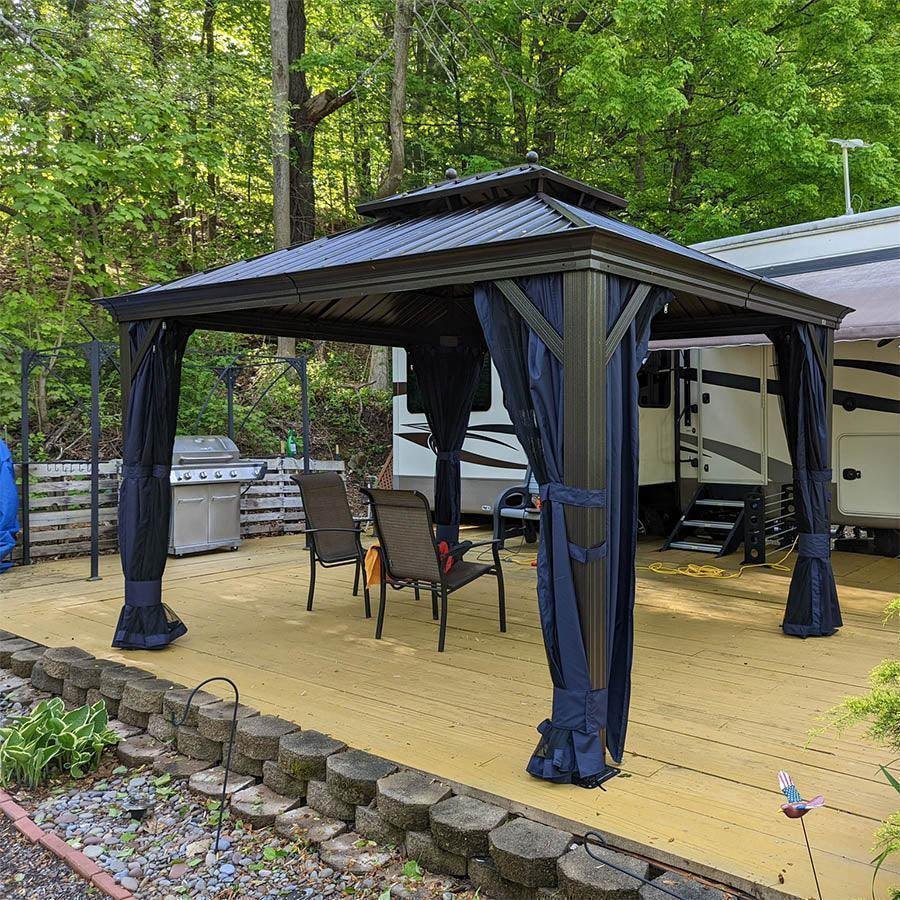 Outdoor Hardtop Gazebo for Patio Bronze Aluminum Frame Pavilion with Navy-Blue Curtain and String Lights-milky - Image 72