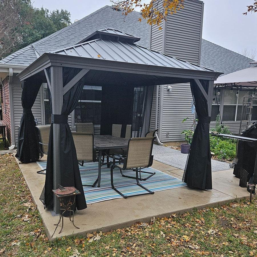 Patio Gazebo for Pool Light Grey Hardtop Galvanized Steel Roof with Upgraded Curtains - Image 57