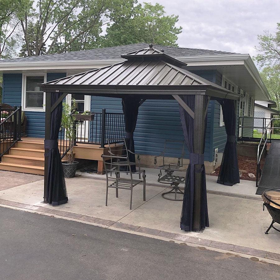 Outdoor Hardtop Gazebo for Patio Bronze Aluminum Frame Pavilion with Navy-Blue Curtain and String Lights-milky - Image 97