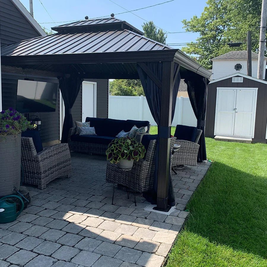 Outdoor Hardtop Gazebo for Patio Bronze Aluminum Frame Pavilion with Navy-Blue Curtain and String Lights-clear - Image 117