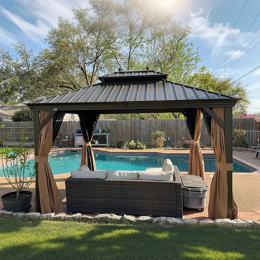 Outdoor Hardtop Gazebo for Garden Bronze Double Roof Aluminum Frame Pavilion with String Lights-clear - Image 128