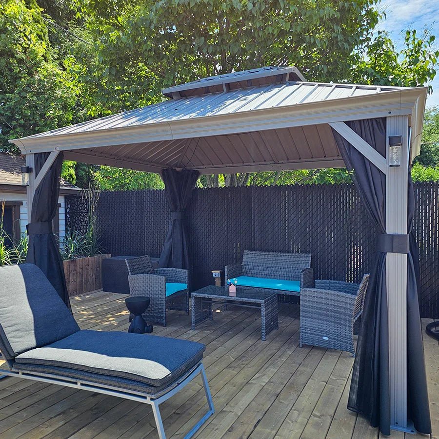 Patio Gazebo for Pool Light Grey Hardtop Galvanized Steel Roof with Upgraded Curtains - Image 117