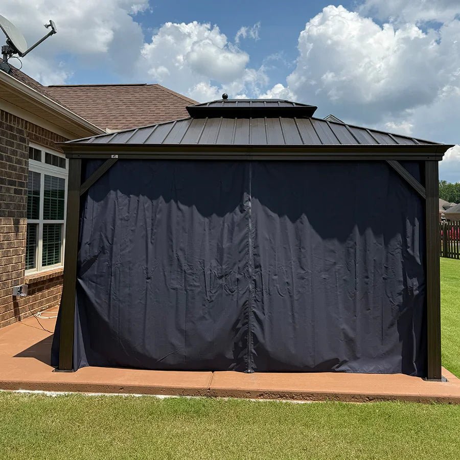 Outdoor Hardtop Gazebo for Patio Bronze Aluminum Frame Pavilion with Navy-Blue Curtain and String Lights-clear - Image 116