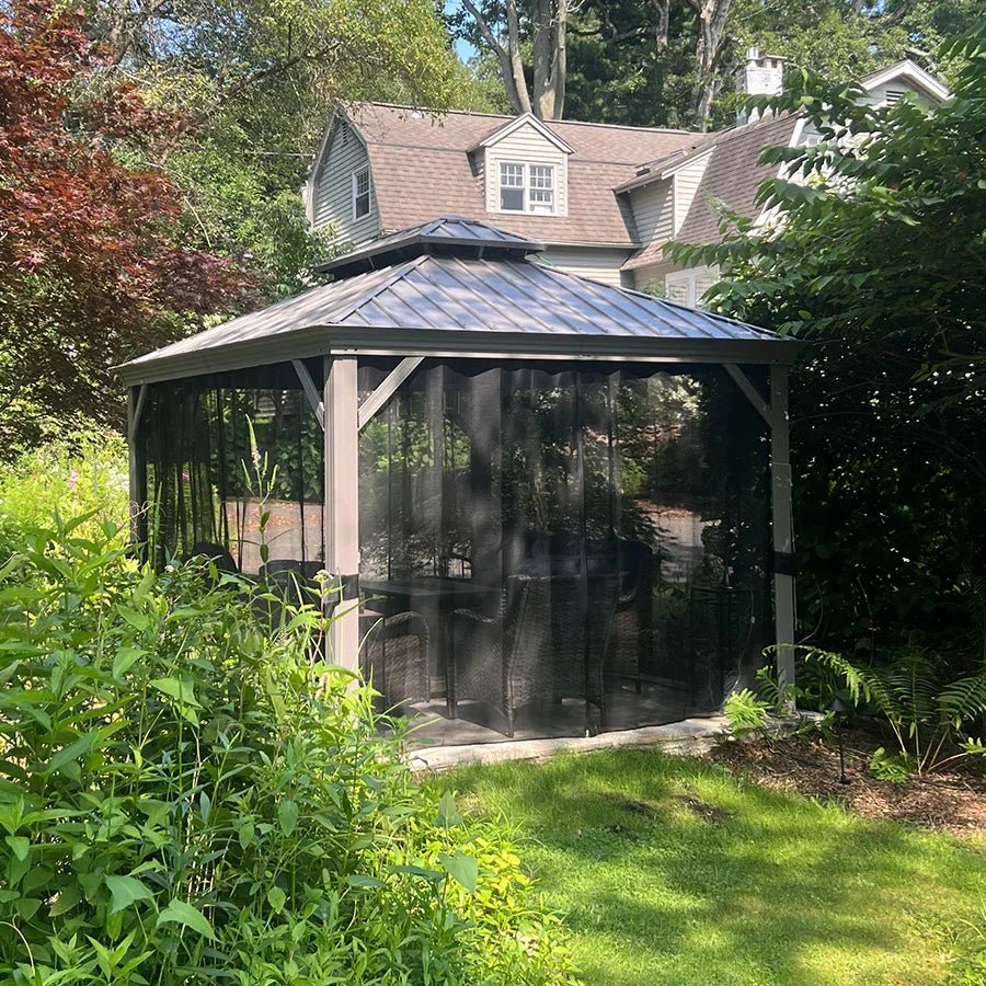 Patio Gazebo for Pool Light Grey Hardtop Galvanized Steel Roof with Upgraded Curtains - Image 86