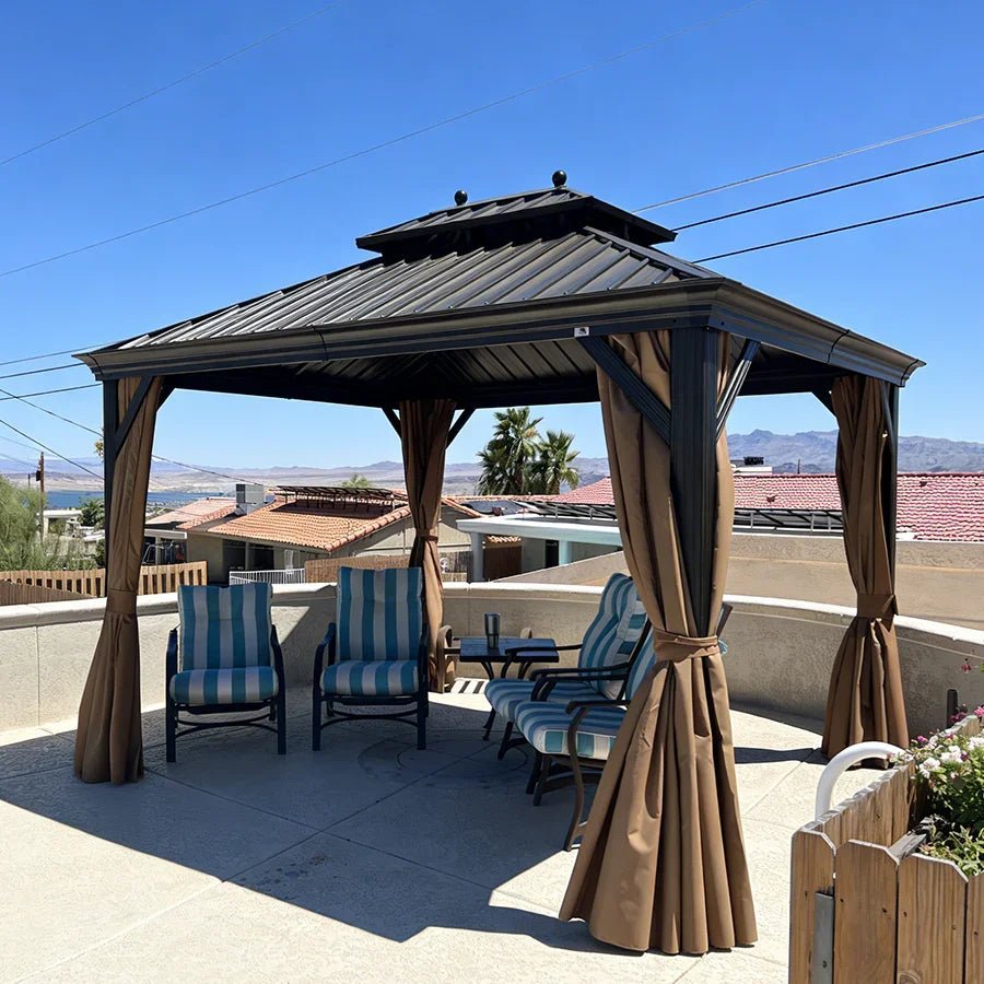 Outdoor Hardtop Gazebo for Garden Bronze Double Roof Aluminum Frame Pavilion with String Lights-milky - Image 119
