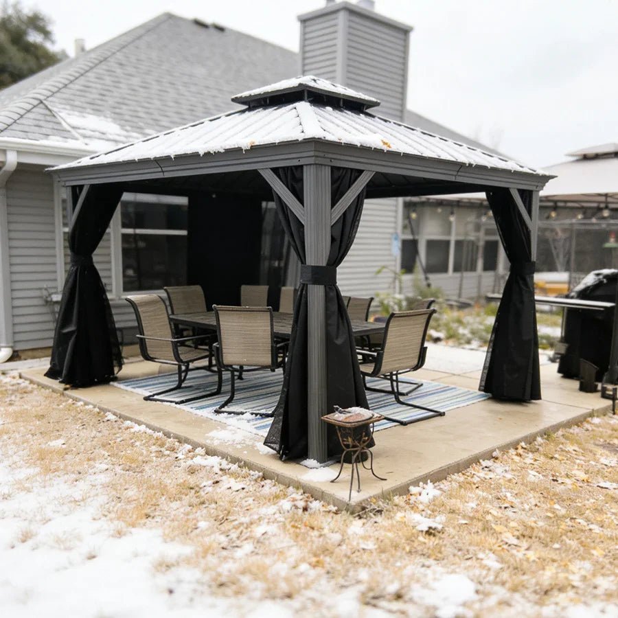 Patio Gazebo for Pool Light Grey Hardtop Galvanized Steel Roof with String Lights-milky - Image 68