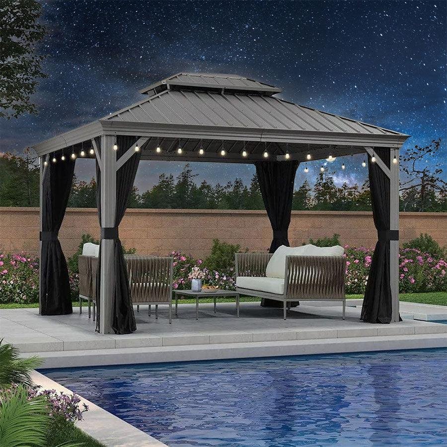 Patio Gazebo for Pool Light Grey Hardtop Galvanized Steel Roof with String Lights-clear - Image 52