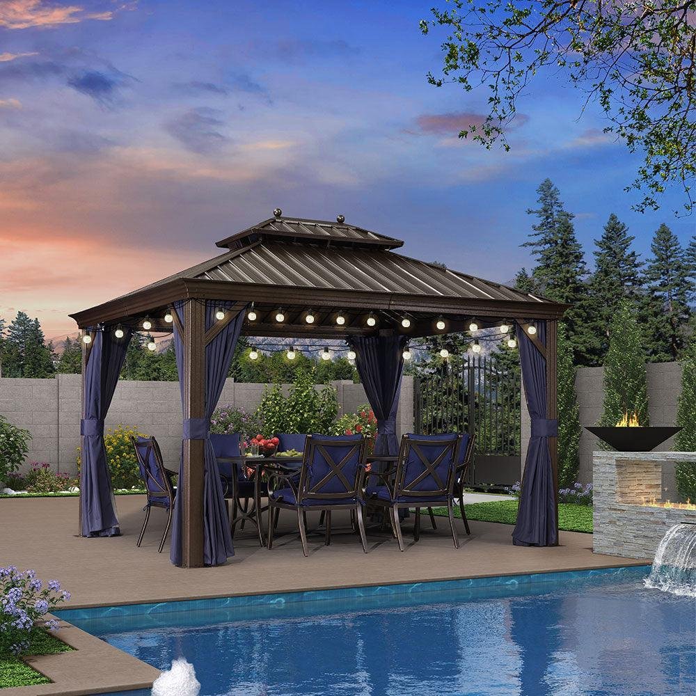 Outdoor Hardtop Gazebo for Patio Bronze Aluminum Frame Pavilion with Navy-Blue Curtain and String Lights-milky - Image 43