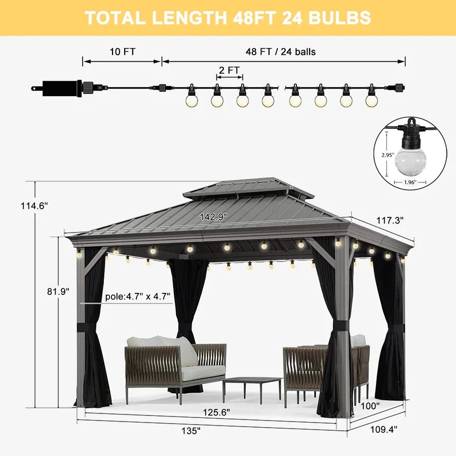 Patio Gazebo for Pool Light Grey Hardtop Galvanized Steel Roof with String Lights-clear - Image 92
