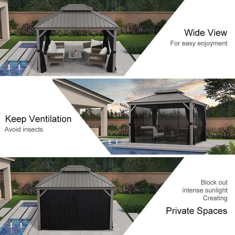 Patio Gazebo for Pool Light Grey Hardtop Galvanized Steel Roof with Upgraded Curtains - Image 68