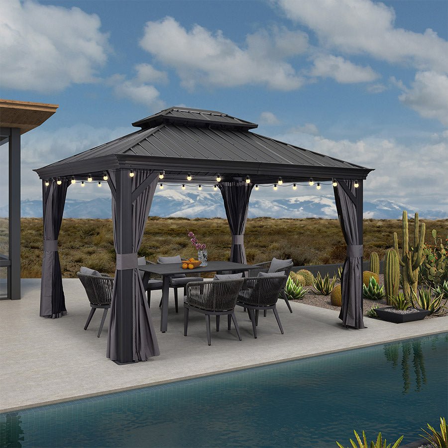 Gazebo for Backyard Grey Hardtop Galvanized Steel Roof Awning String Lights-milky - Image 3