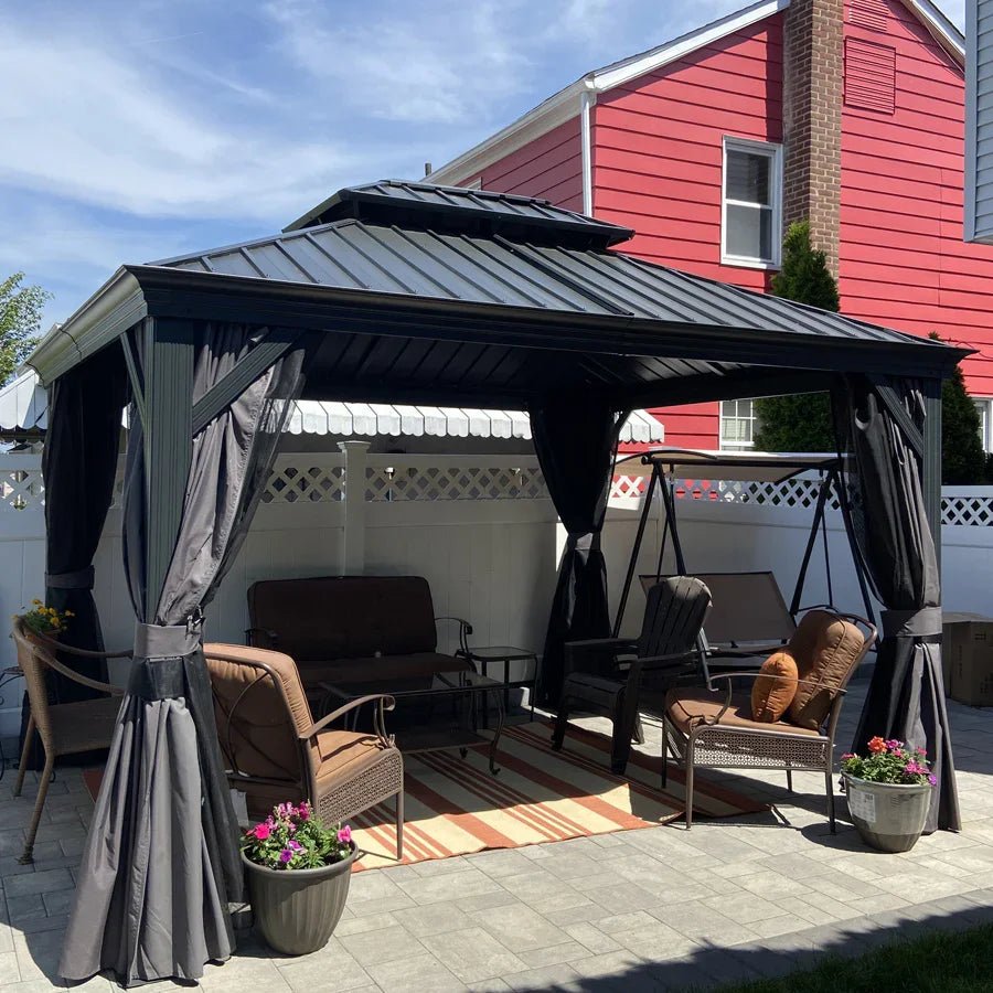 Patio Gazebo for Backyard Grey Hardtop Galvanized Steel Roof Awning with Upgrade Curtain - Image 116