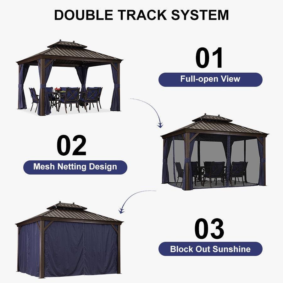 Outdoor Hardtop Gazebo for Patio Bronze Aluminum Frame Pavilion with Navy-Blue Curtain and String Lights-milky - Image 80