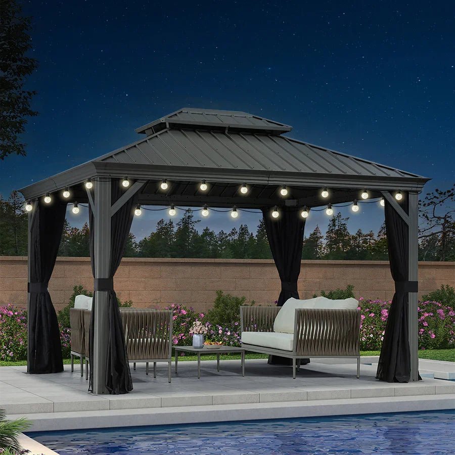 Patio Gazebo for Pool Light Grey Hardtop Galvanized Steel Roof with String Lights-clear - Image 7