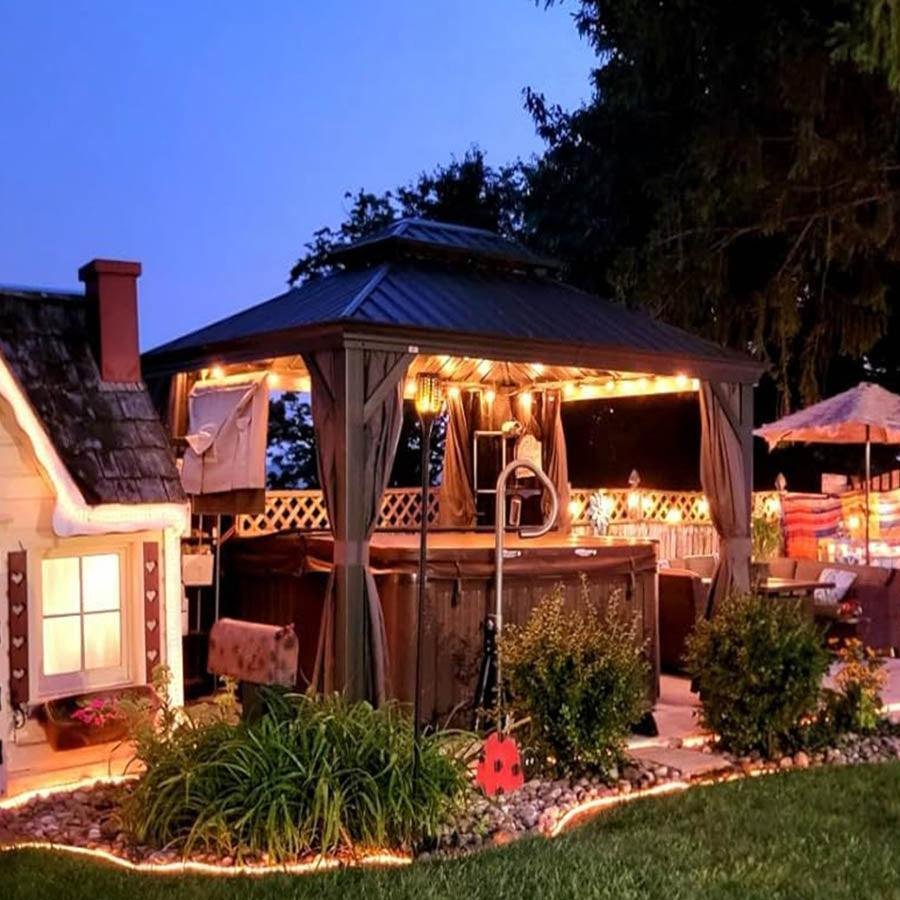 Gazebo for Backyard Grey Hardtop Galvanized Steel Roof Awning with String Lights-clear - Image 63