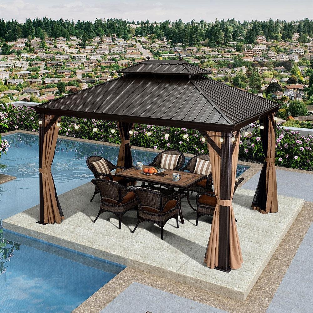 Outdoor Hardtop Gazebo for Garden Bronze Double Roof Aluminum Frame Pavilion with String Lights-milky - Image 38