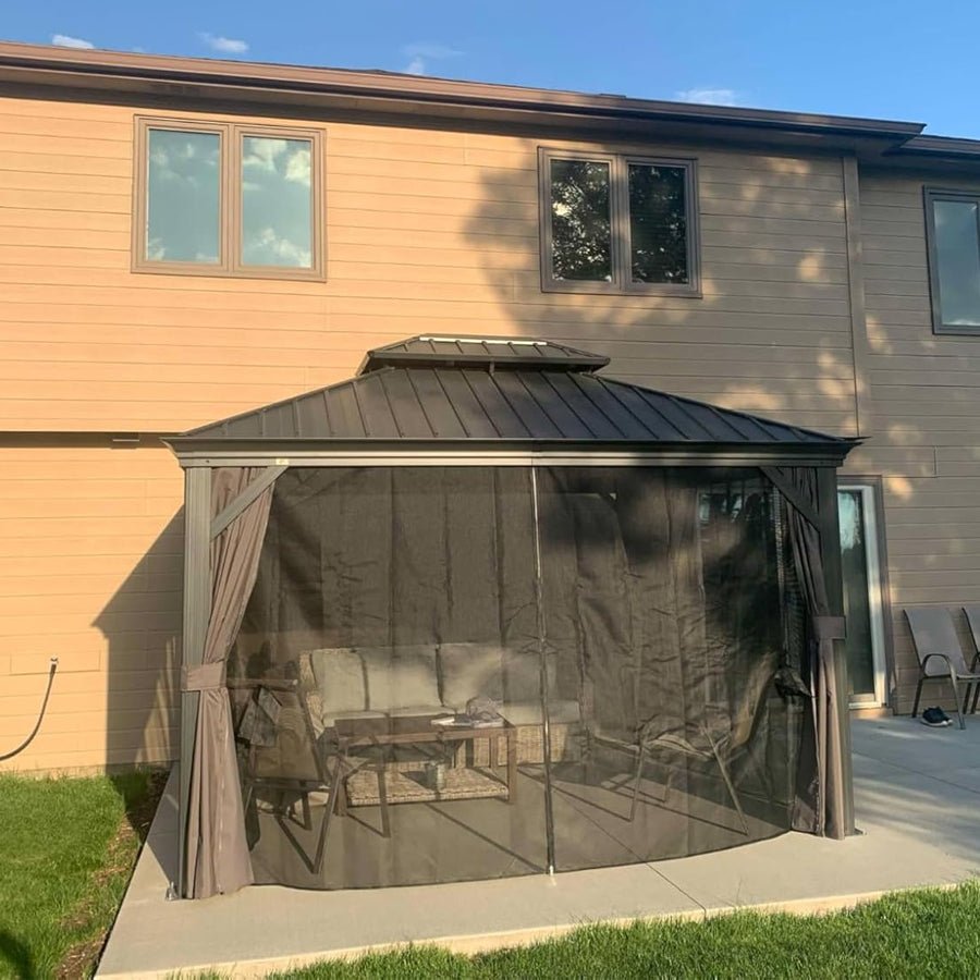 Patio Gazebo for Backyard Grey Hardtop Galvanized Steel Roof Awning with Upgrade Curtain - Image 131