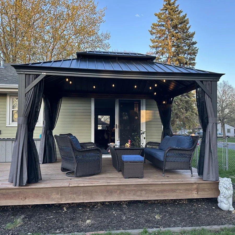 Gazebo for Backyard Grey Hardtop Galvanized Steel Roof Awning String Lights-milky - Image 67