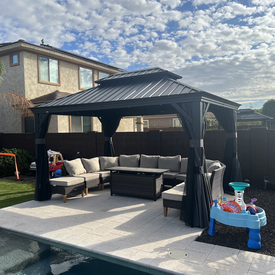 Patio Gazebo for Backyard Grey Hardtop Galvanized Steel Roof Awning with Upgrade Curtain - Image 136