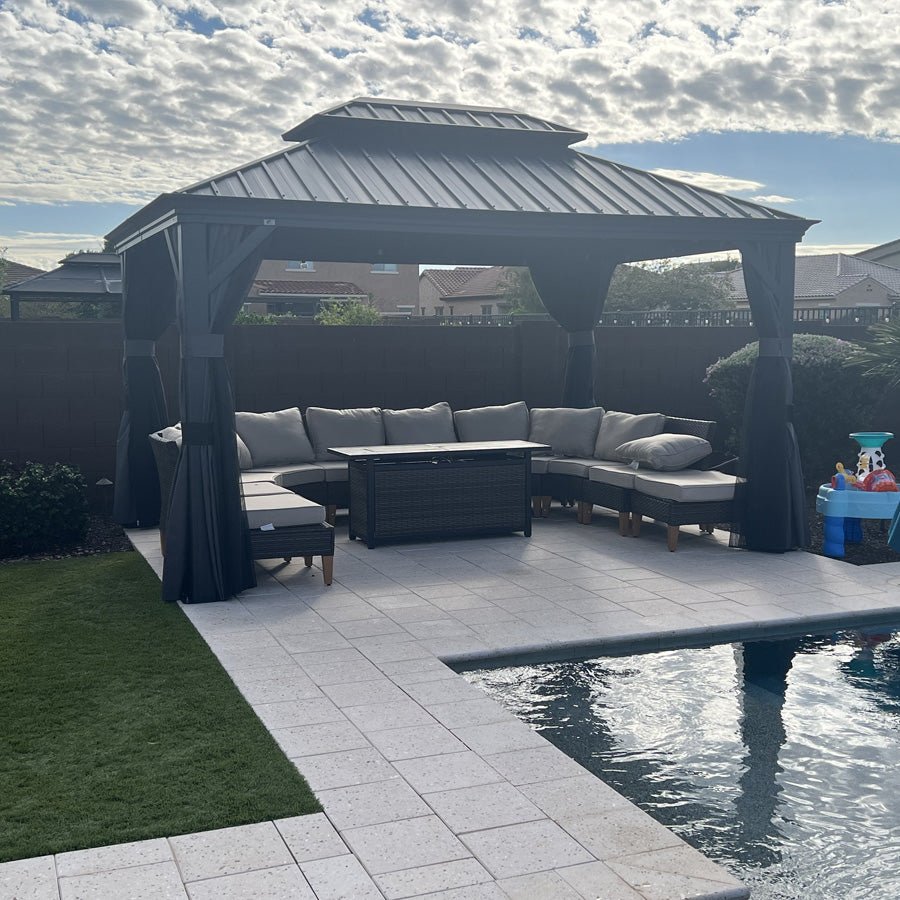 Gazebo for Backyard Grey Hardtop Galvanized Steel Roof Awning String Lights-milky - Image 77