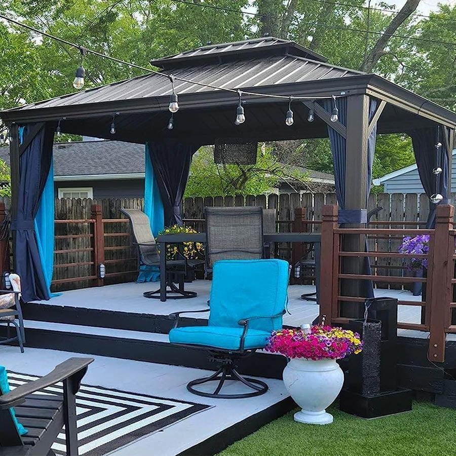 Outdoor Hardtop Gazebo for Patio Bronze Aluminum Frame Pavilion with Navy-Blue Curtain and String Lights-milky - Image 73