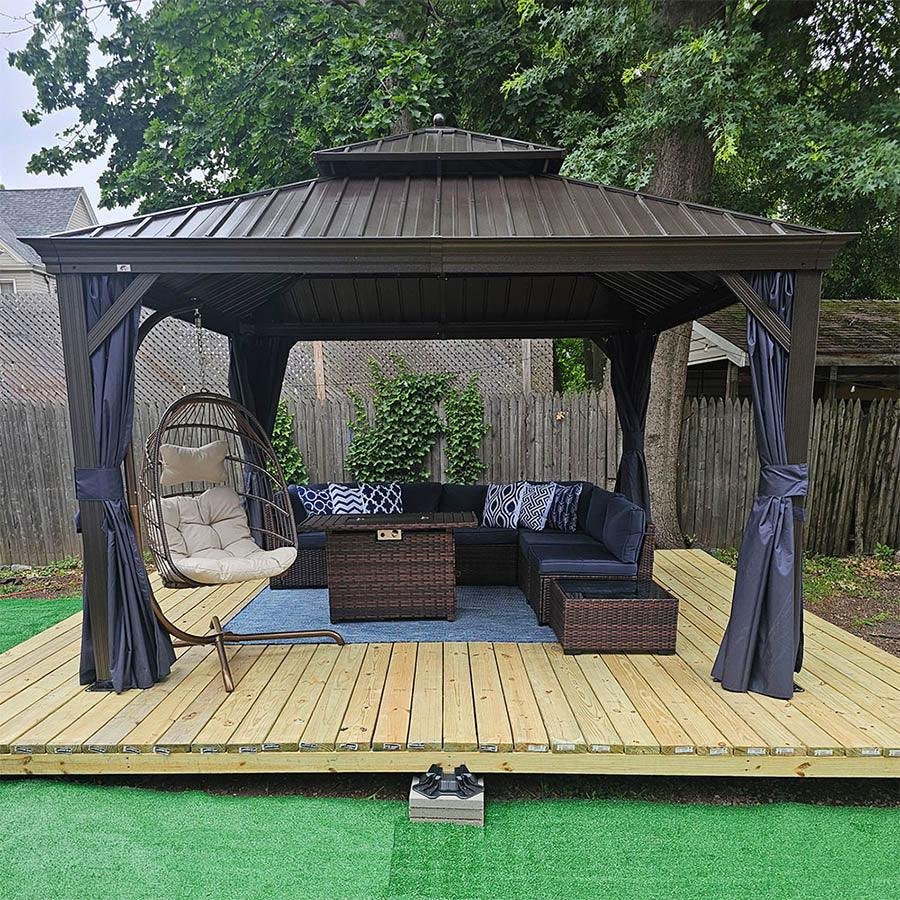 Outdoor Hardtop Gazebo for Patio Bronze Aluminum Frame Pavilion with Navy-Blue Curtain and String Lights-milky - Image 100
