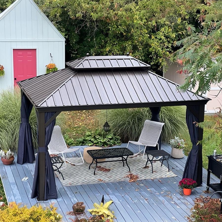 Outdoor Hardtop Gazebo for Patio Bronze Aluminum Frame Pavilion with Navy-Blue Curtain and String Lights-milky - Image 74