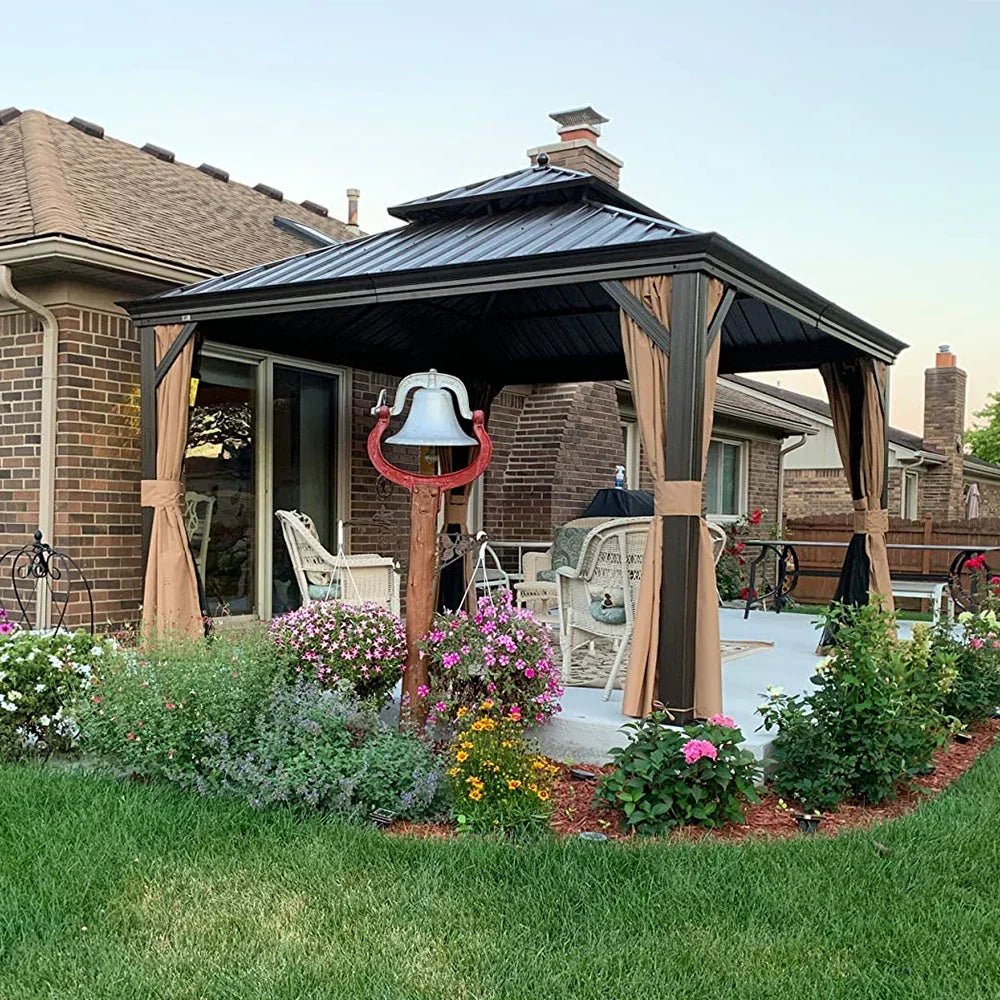 Outdoor Hardtop Gazebo for Garden Bronze Double Roof Aluminum Frame Pavilion with String Lights-clear - Image 129
