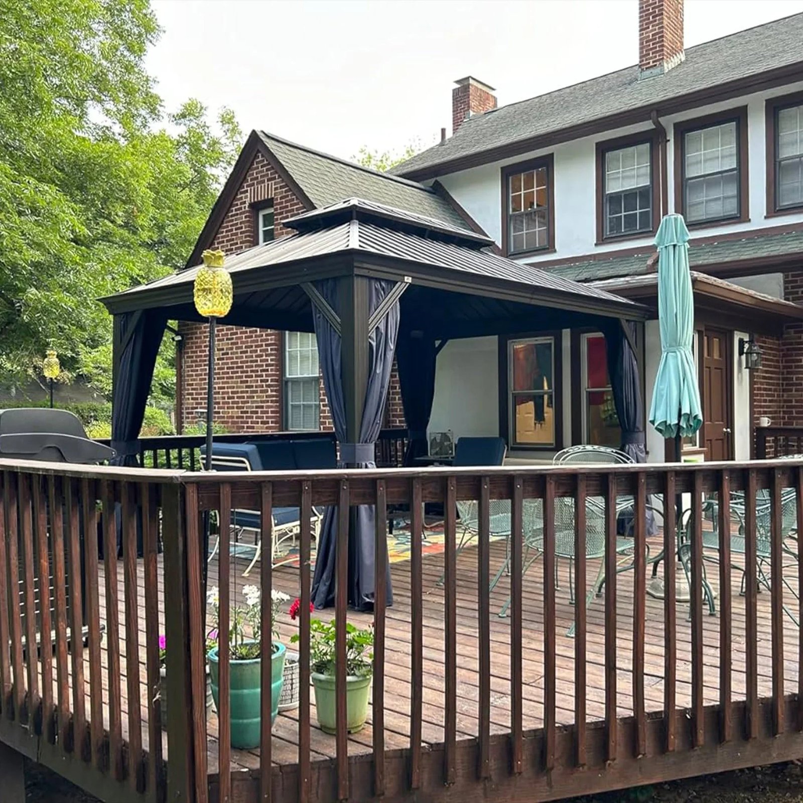 Outdoor Hardtop Gazebo for Patio Bronze Aluminum Frame Pavilion with Navy-Blue Curtain and String Lights-milky - Image 114