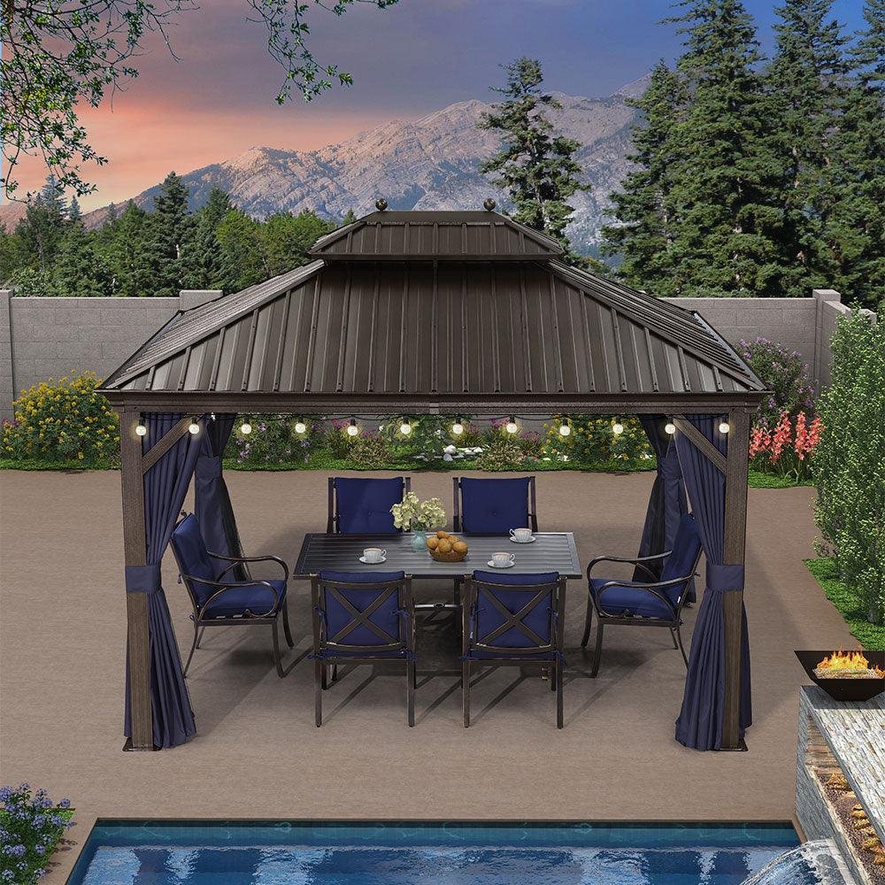 Outdoor Hardtop Gazebo for Patio Bronze Aluminum Frame Pavilion with Navy-Blue Curtain and String Lights-milky - Image 40