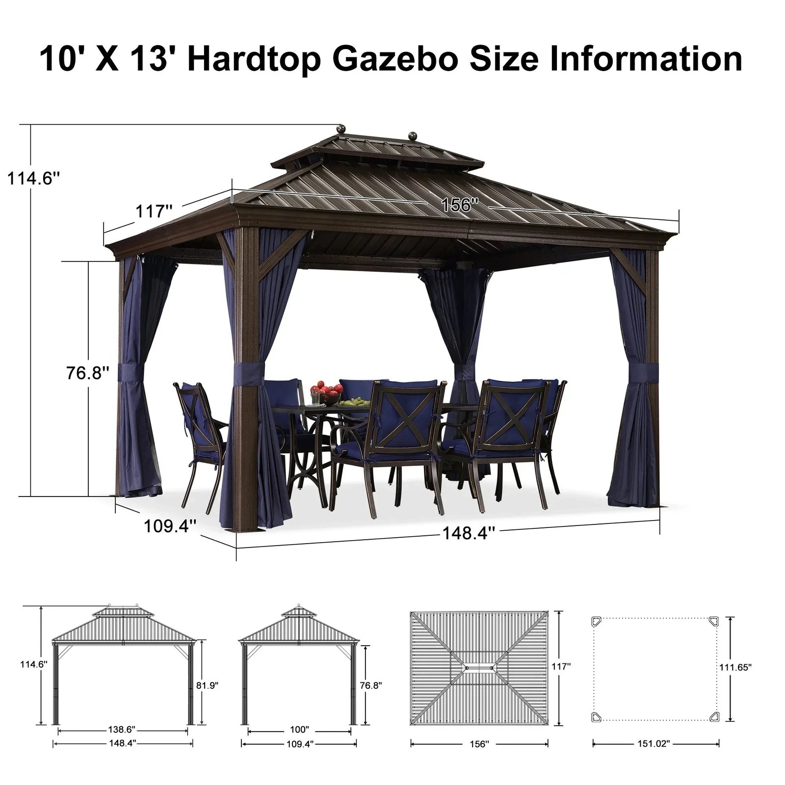 Outdoor Hardtop Gazebo for Patio Bronze Aluminum Frame Pavilion with Navy-Blue Curtain and String Lights-milky - Image 113