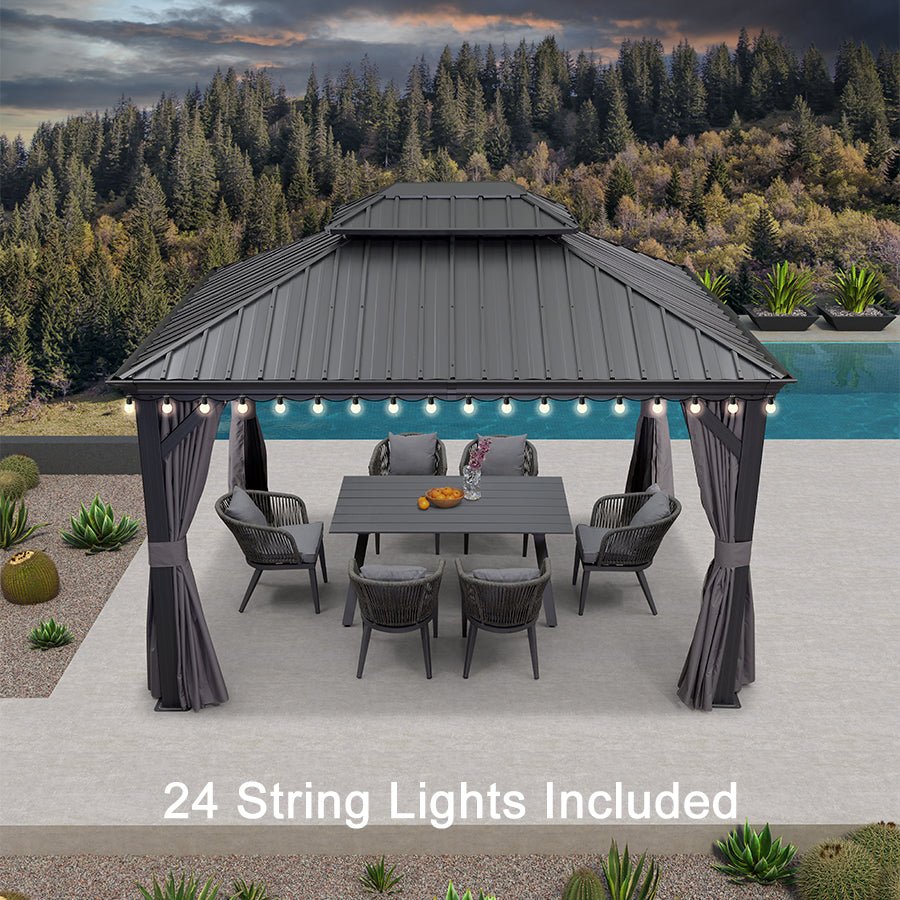 Gazebo for Backyard Grey Hardtop Galvanized Steel Roof Awning String Lights-milky - Image 37