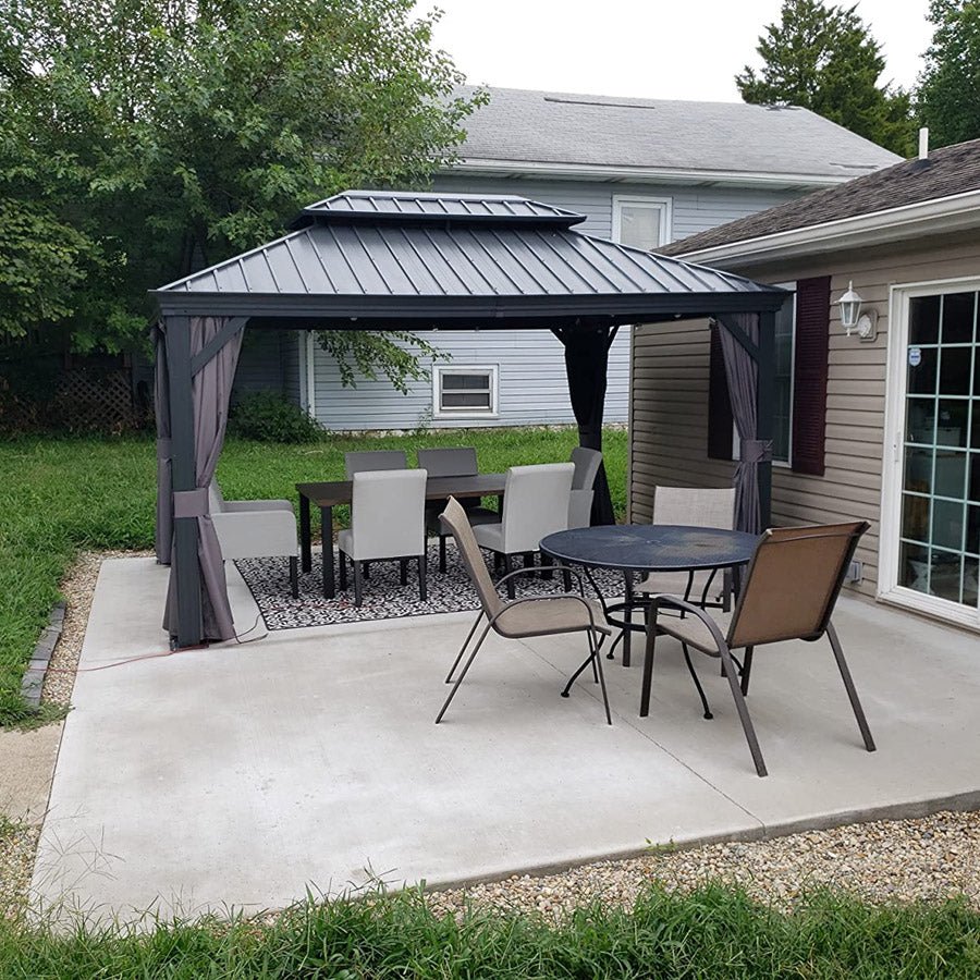 Patio Gazebo for Backyard Grey Hardtop Galvanized Steel Roof Awning with Upgrade Curtain - Image 139