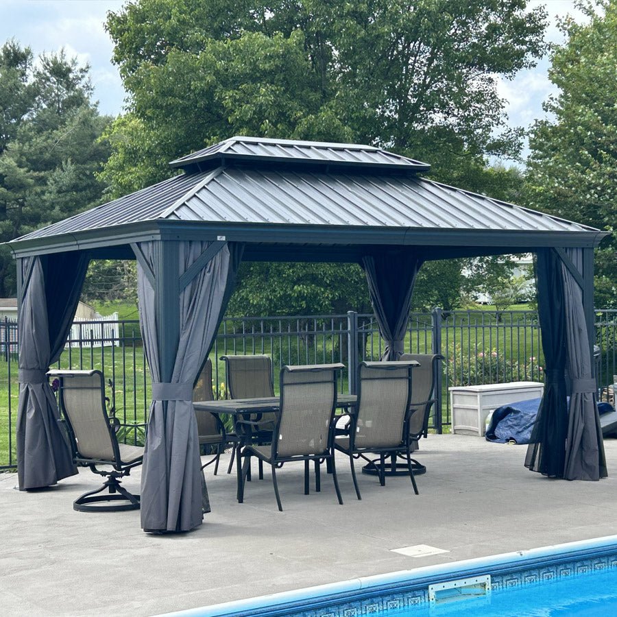 Gazebo for Backyard Grey Hardtop Galvanized Steel Roof Awning String Lights-milky - Image 81