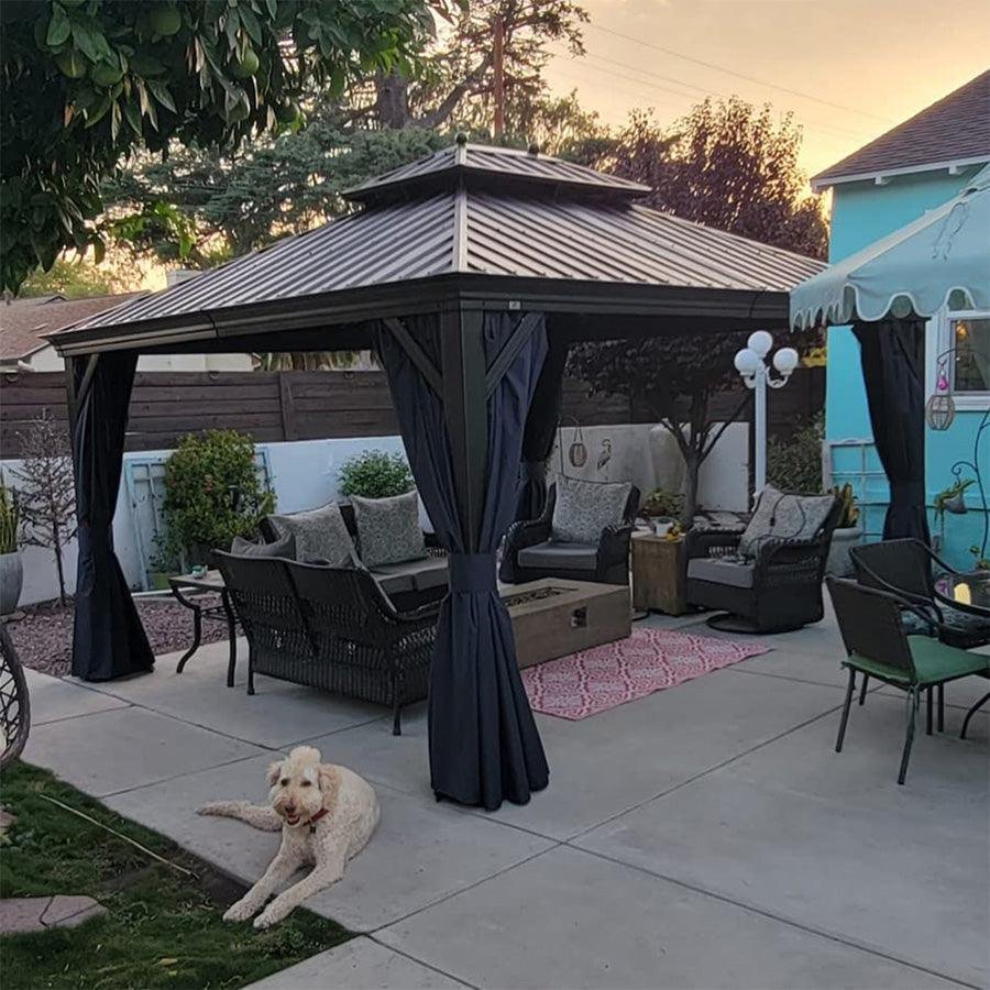 Outdoor Hardtop Gazebo for Patio Bronze Aluminum Frame Pavilion with Navy-Blue Curtain and String Lights-milky - Image 77