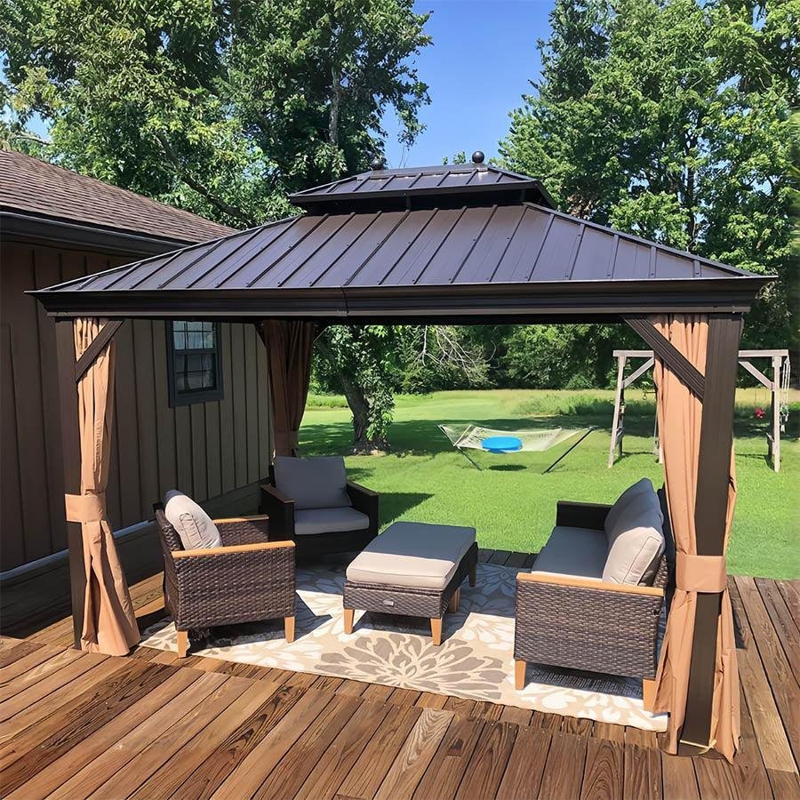 Outdoor Hardtop Gazebo for Garden Bronze Double Roof Aluminum Frame Pavilion with String Lights-milky - Image 45