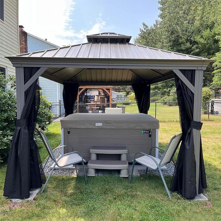 Patio Gazebo for Pool Light Grey Hardtop Galvanized Steel Roof with String Lights-clear - Image 49