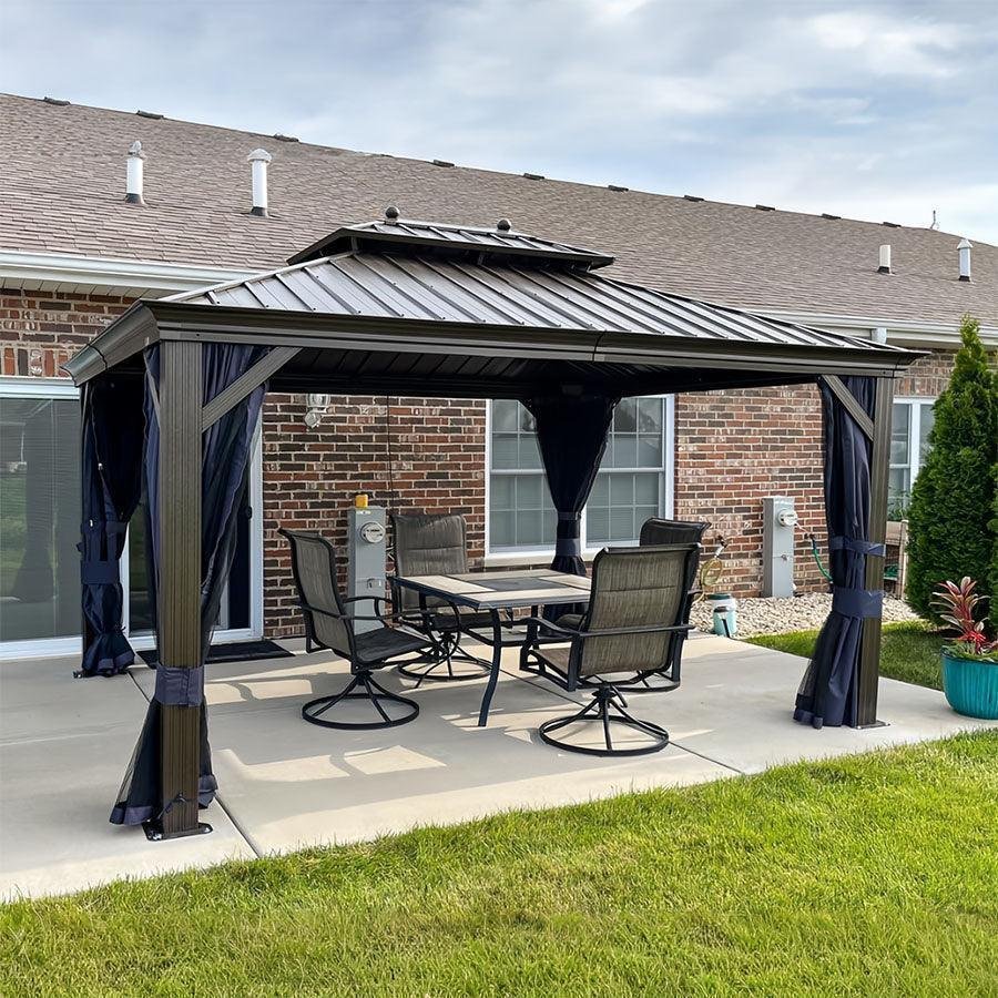 Outdoor Hardtop Gazebo for Patio Bronze Aluminum Frame Pavilion with Navy-Blue Curtain and String Lights-milky - Image 75