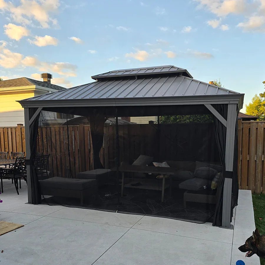 Patio Gazebo for Pool Light Grey Hardtop Galvanized Steel Roof with Upgraded Curtains - Image 84